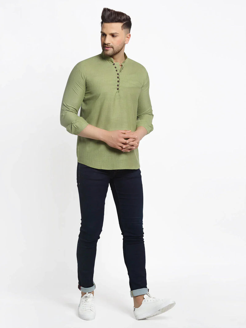 Jompers Men's Olive Green Solid Cotton Short Kurta ( KO 639 Olive )