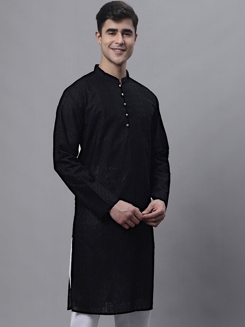 Jompers Men's Black Embroiderd Kurtas