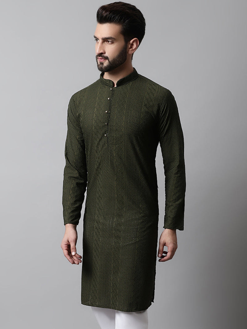 Jompers Men's Embroiderd Kurtas ( KO 640Olive )