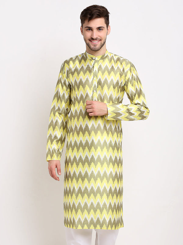 Jompers Men's Multi-Olive Dupion Ikkat Kurta Only