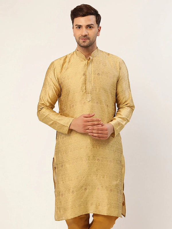 Jompers Men's Beige Coller Embroidered Woven Design Kurta Only ( KO 649 Beige )