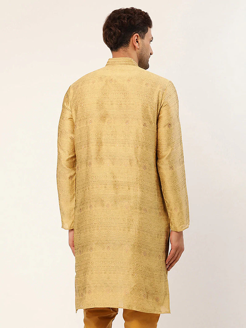 Jompers Men's Beige Coller Embroidered Woven Design Kurta Only ( KO 649 Beige )