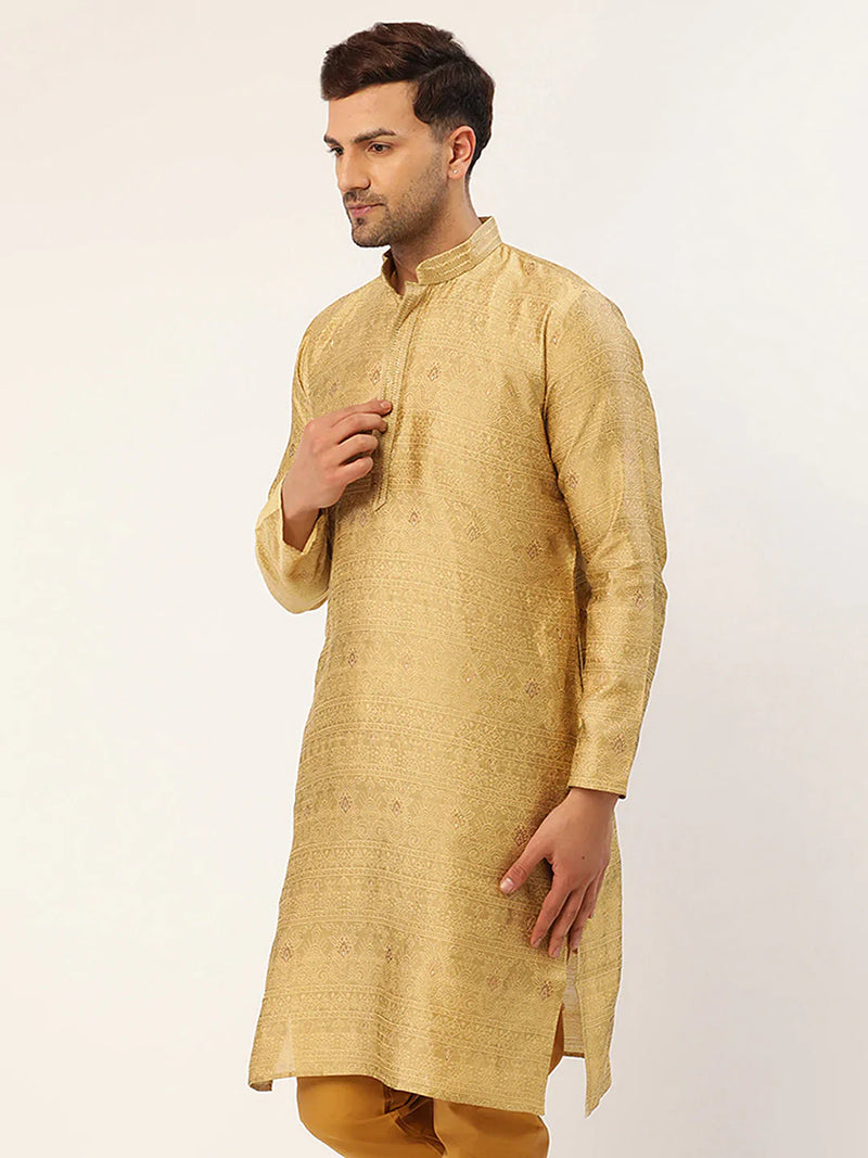 Jompers Men's Beige Coller Embroidered Woven Design Kurta Only ( KO 649 Beige )