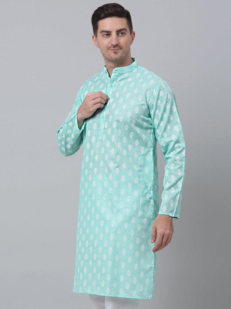 Jompers Men's Green Cotton Floral printed kurta Only