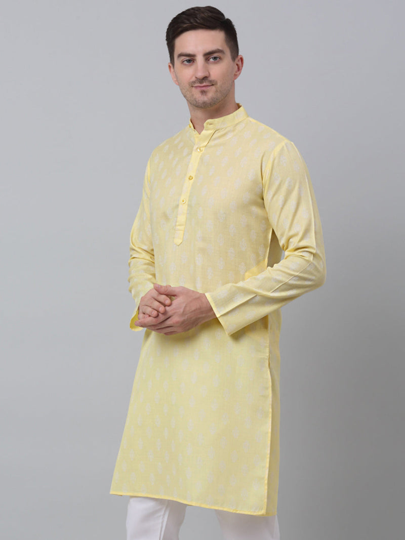 Jompers Men's Yellow Cotton Floral printed kurta Only