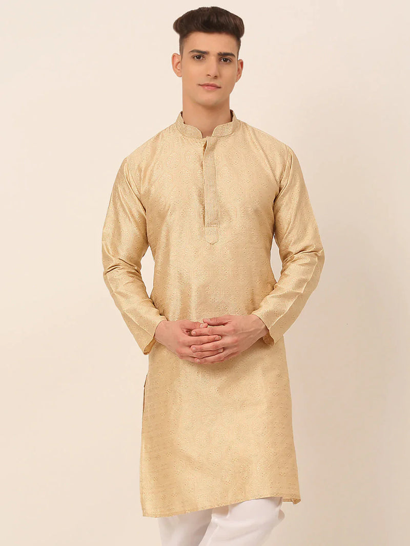 Men's Silk Blend Collar Embroidered Kurta only ( KO 662 Beige )