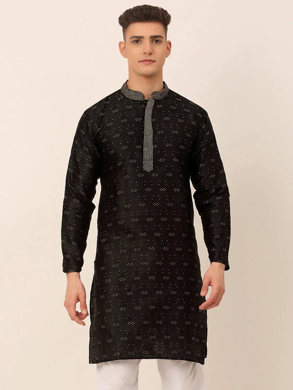 Men's Silk Blend Collar Embroidered Kurta only ( KO 662 Black )