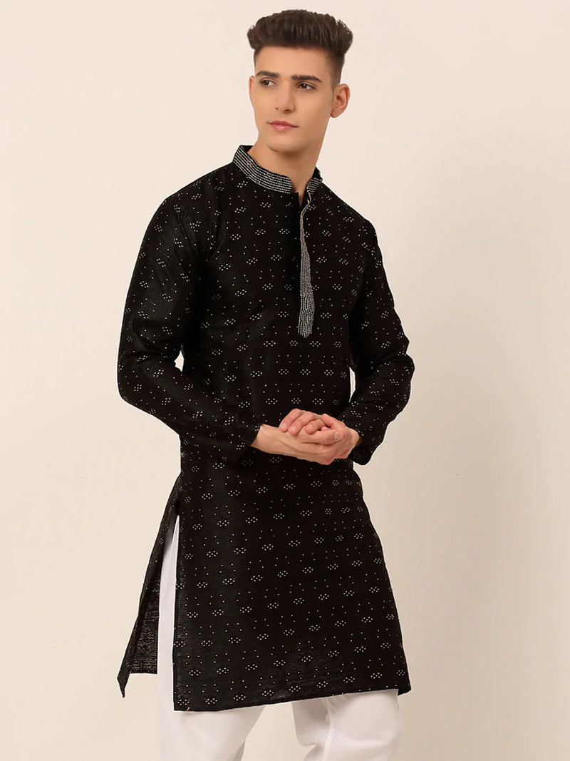 Men's Silk Blend Collar Embroidered Kurta only ( KO 662 Black )