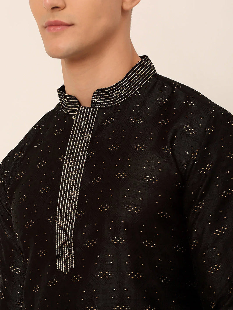 Men's Silk Blend Collar Embroidered Kurta only ( KO 662 Black )