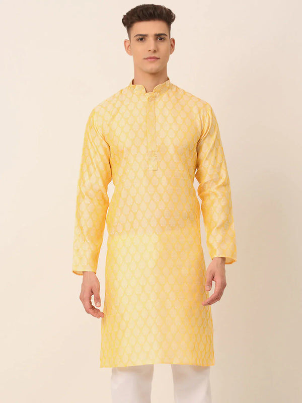 Men's Silk Blend Collar Embroidered Kurta only ( KO 663 Golden )