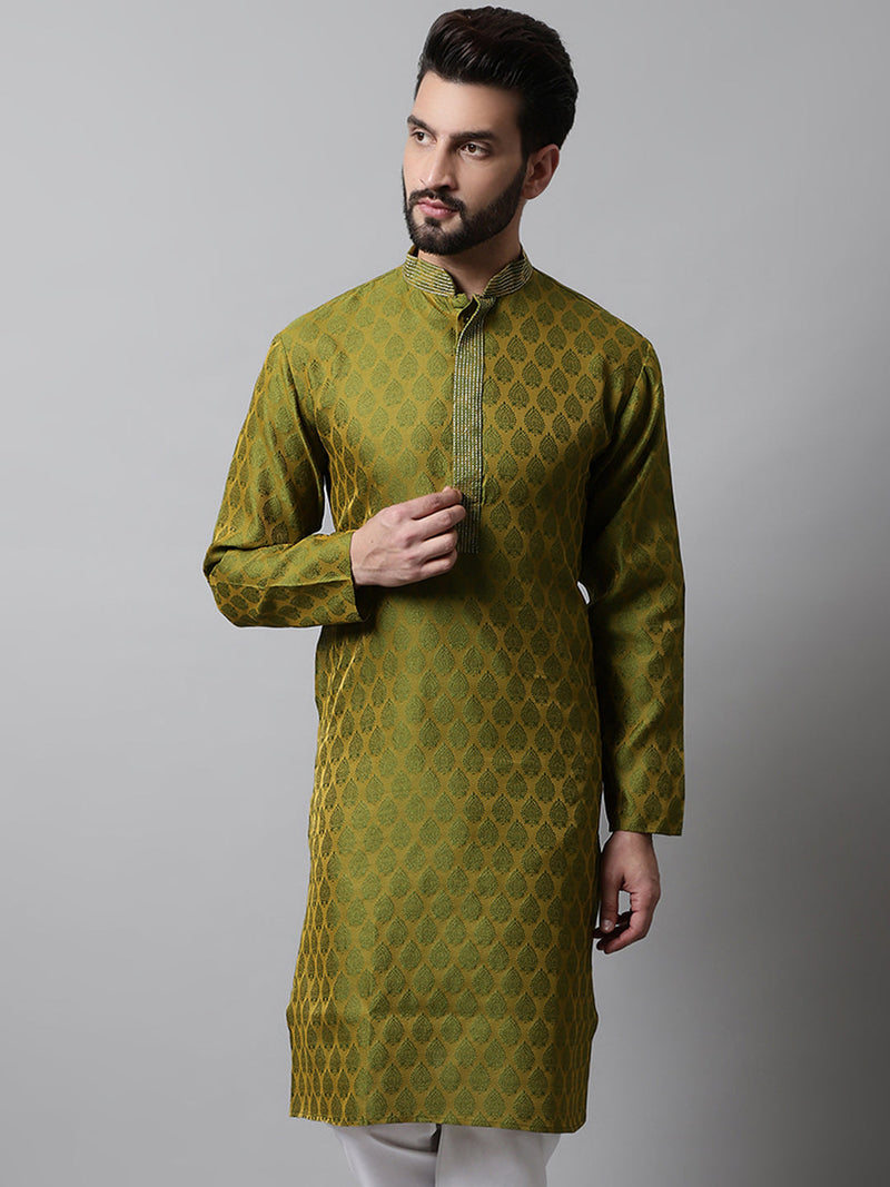 Men Olive Green and White Woven Design Kurtas ( KO 663Olive )