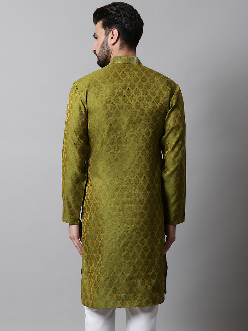 Men Olive Green and White Woven Design Kurtas ( KO 663Olive )