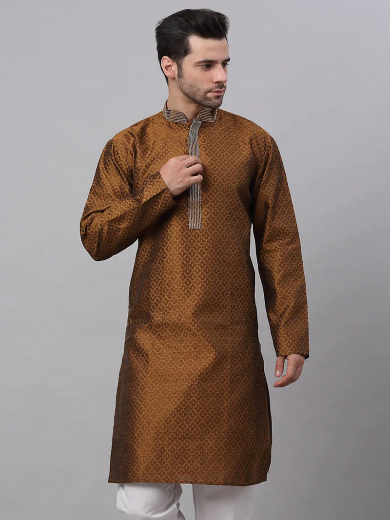 Men's Silk Blend Collar Embroidered Kurta only ( KO 664 Brown )