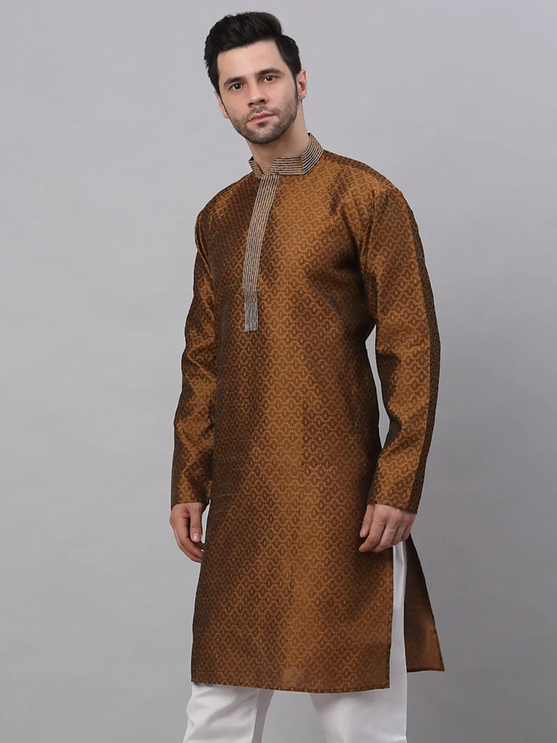 Men's Silk Blend Collar Embroidered Kurta only ( KO 664 Brown )