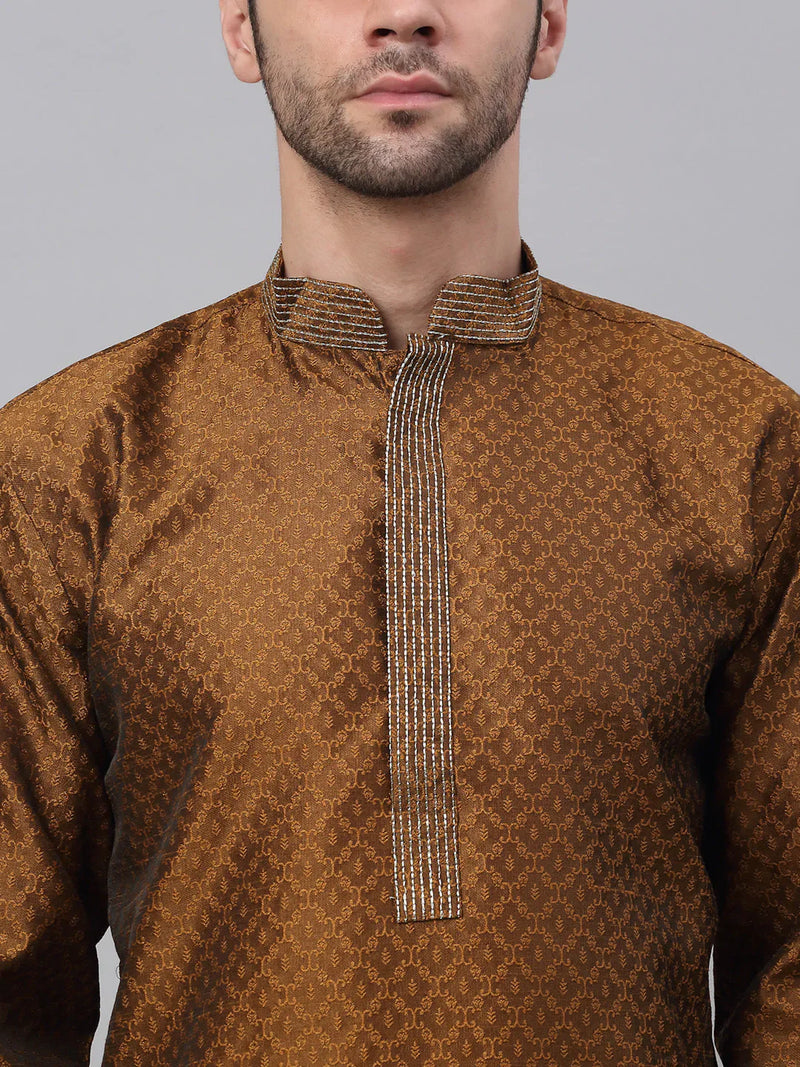 Men's Silk Blend Collar Embroidered Kurta only ( KO 664 Brown )