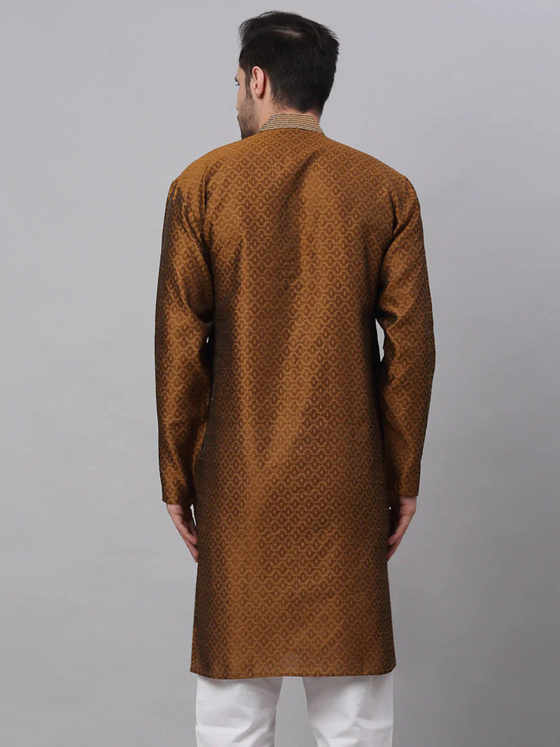 Men's Silk Blend Collar Embroidered Kurta only ( KO 664 Brown )