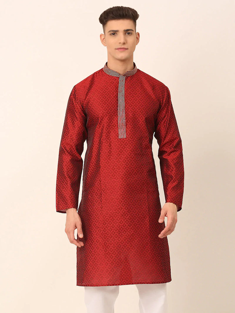 Men's Silk Blend Collar Embroidered Kurta only ( KO 664 Maroon )