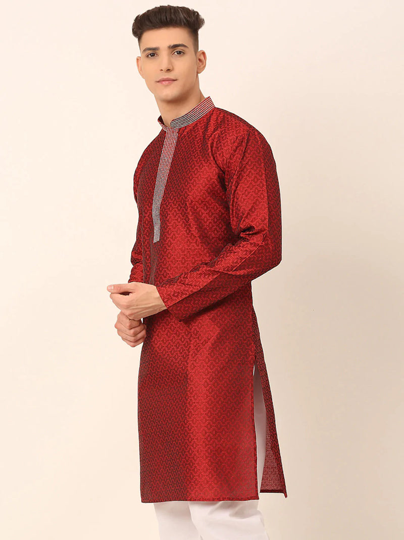 Men's Silk Blend Collar Embroidered Kurta only ( KO 664 Maroon )