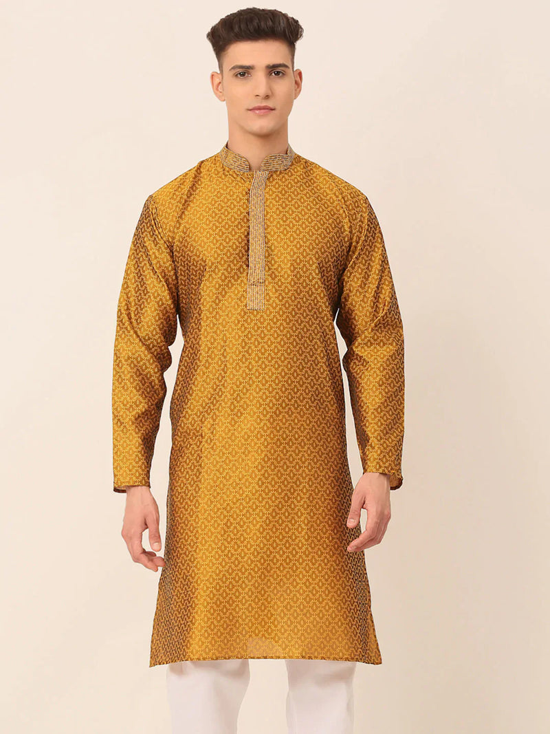 Men's Silk Blend Collar Embroidered Kurta only ( KO 664 Mustard )