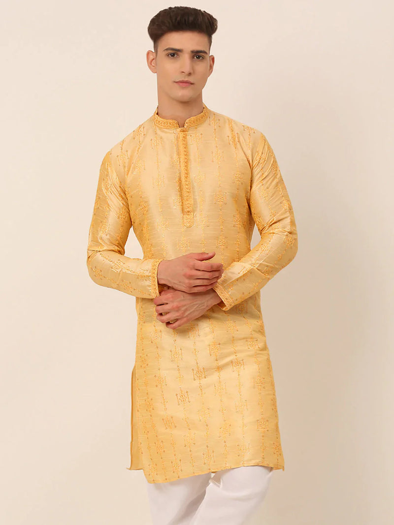 Men's Silk Blend Collar Embroidered Kurta Only ( KO 665 Golden )