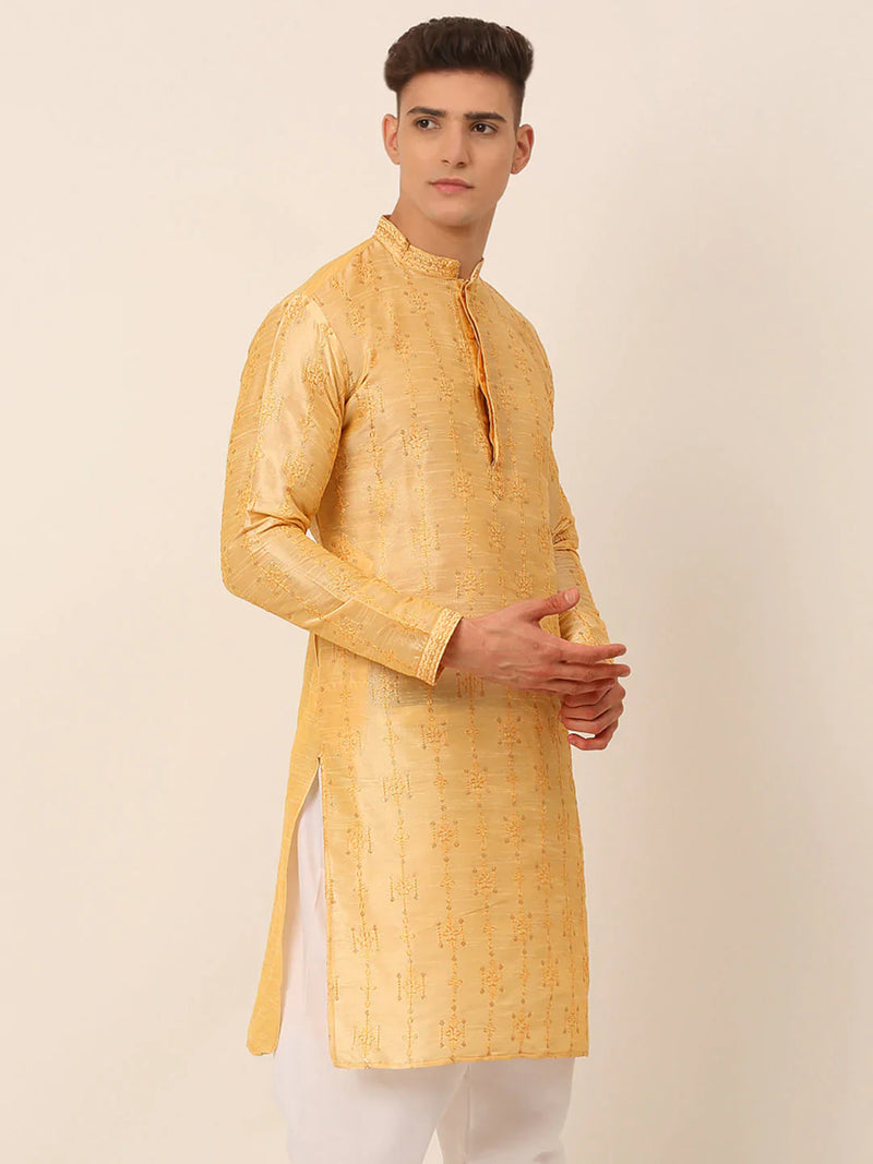 Men's Silk Blend Collar Embroidered Kurta Only ( KO 665 Golden )