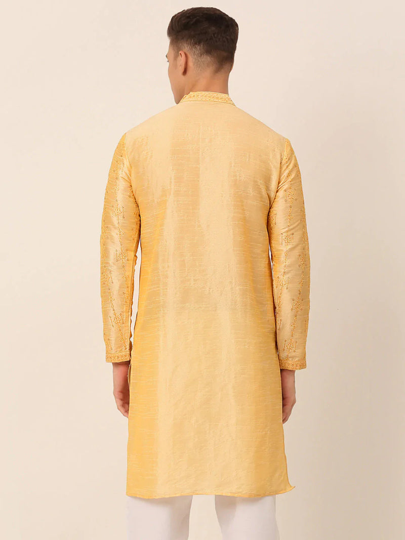 Men's Silk Blend Collar Embroidered Kurta Only ( KO 665 Golden )