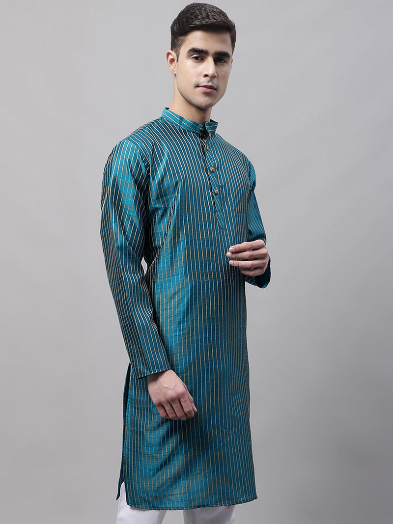 Men Peacock Blue Embroidered Design Kurtas