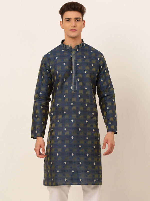 Jompers Men's Navy Blue Collar Embroidered Woven Design Kurta Pajama ( KO 672 Navy )