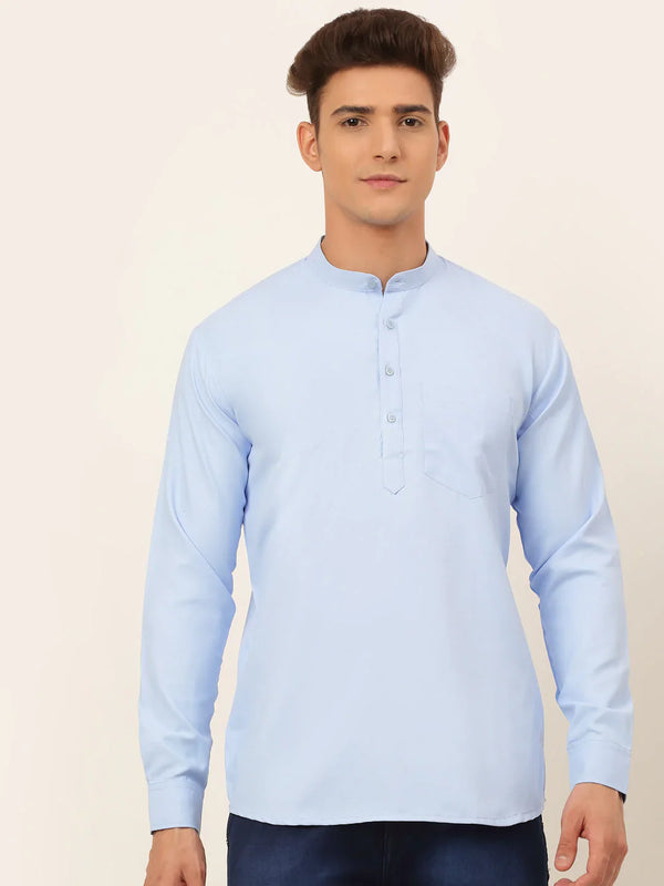 Jompers Men's Light-Blue Solid Cotton Short Kurta ( KO 677 Light-Blue )