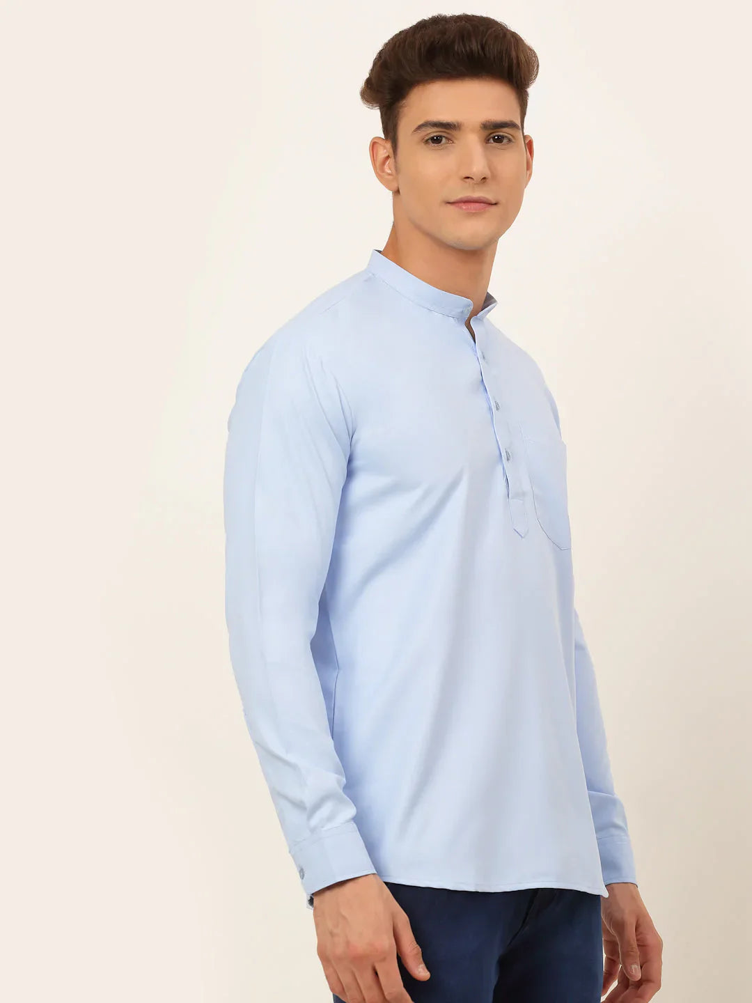 Jompers Men's Light-Blue Solid Cotton Short Kurta ( KO 677 Light-Blue )