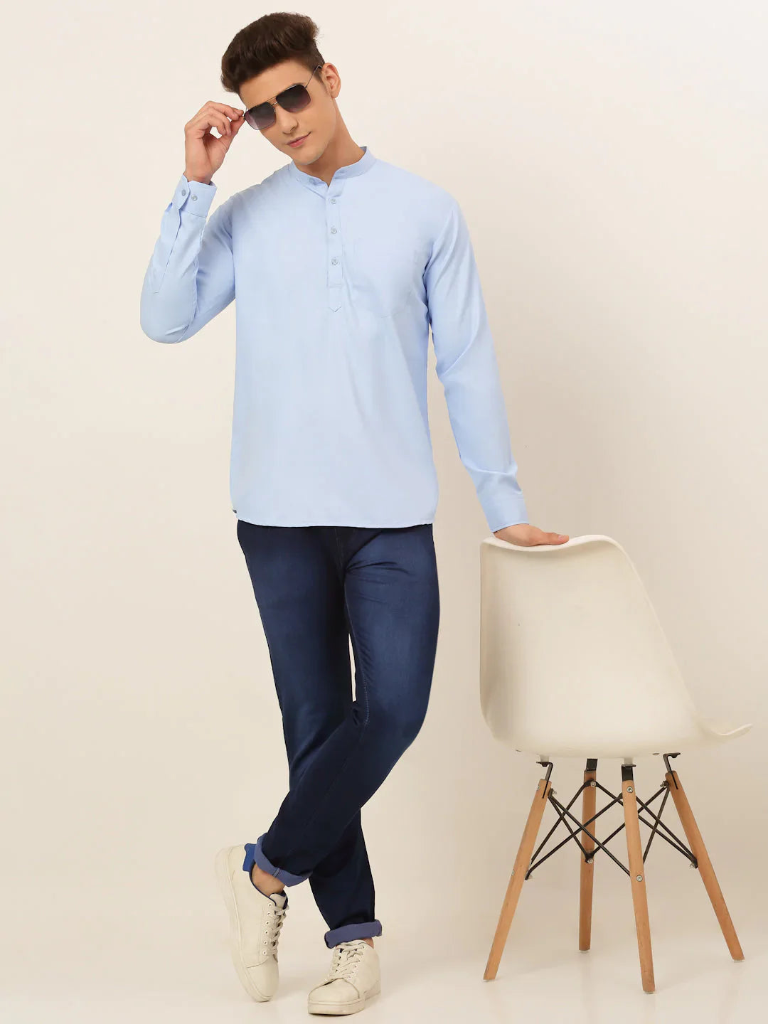 Jompers Men's Light-Blue Solid Cotton Short Kurta ( KO 677 Light-Blue )