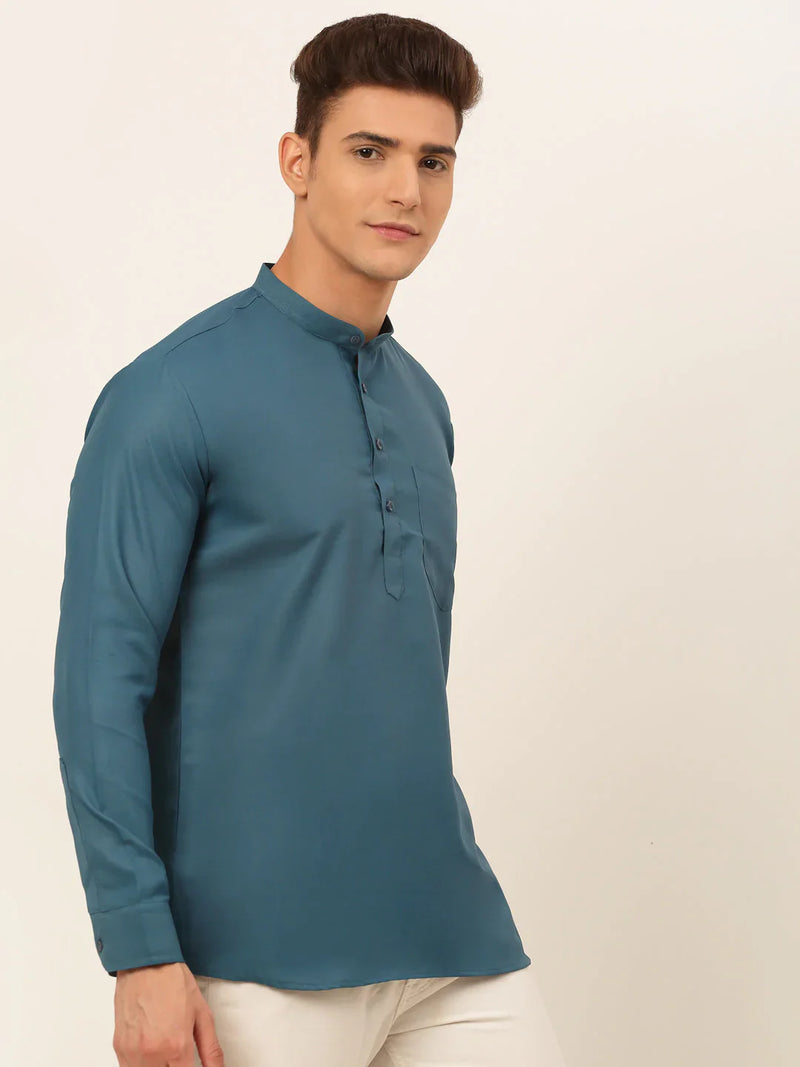 Jompers Men's Teal Blue Solid Cotton Short Kurta ( KO 677 Teal )