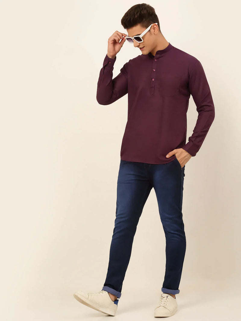 Jompers Men's Purple Solid Cotton Short Kurta ( KO 677 Wine )