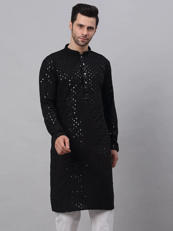 Men Black Chikankari Embroidered and Sequence Kurta Only ( KO 678 Black )