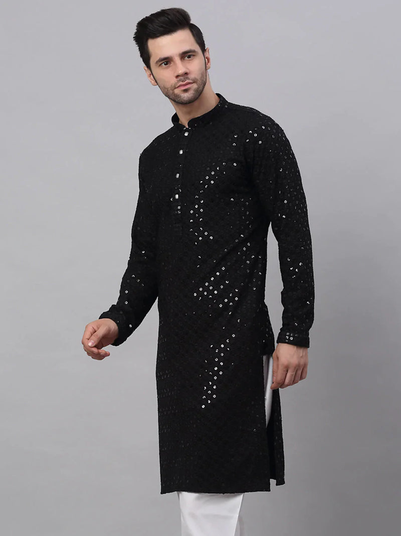 Men Black Chikankari Embroidered and Sequence Kurta Only ( KO 678 Black )