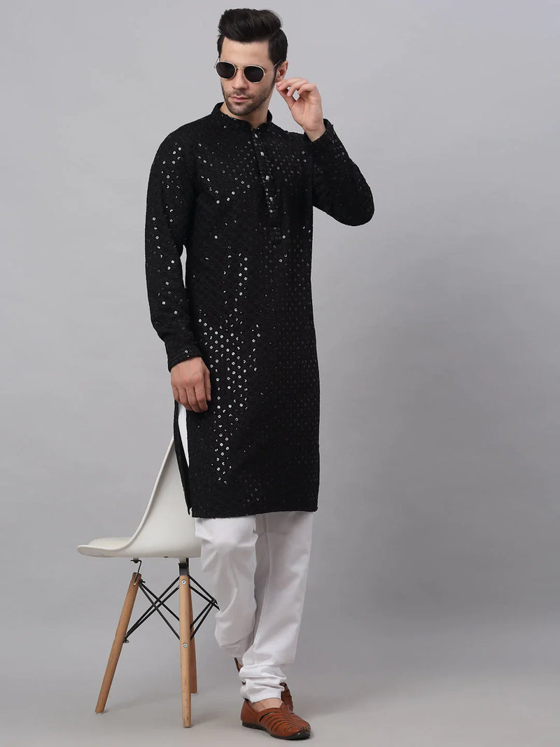 Men Black Chikankari Embroidered and Sequence Kurta Only ( KO 678 Black )