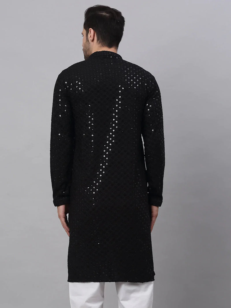 Men Black Chikankari Embroidered and Sequence Kurta Only ( KO 678 Black )