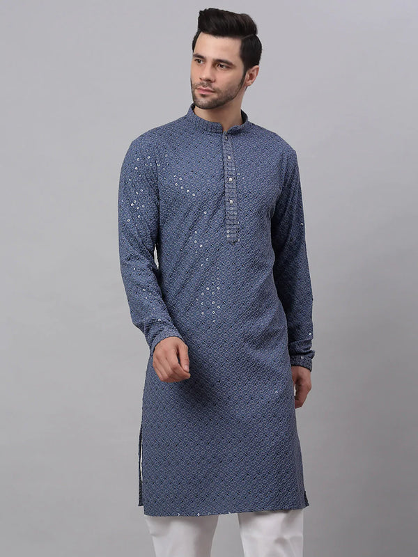 Men Grey Chikankari Embroidered and Sequence Kurta Only ( KO 678 Grey )