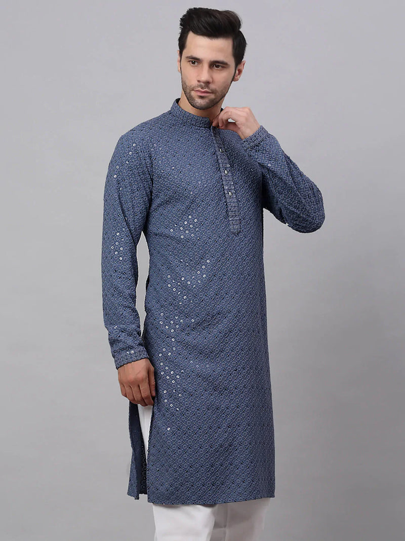 Men Grey Chikankari Embroidered and Sequence Kurta Only ( KO 678 Grey )