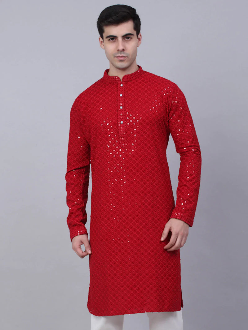 Men Maroon Chikankari Embroidered and Sequence Kurta Only ( KO 678 Maroon )