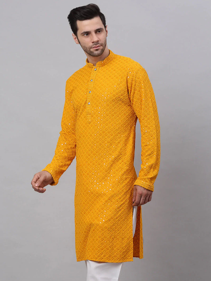 Men Mustard Chikankari Embroidered and Sequence Kurta Only ( KO 678 Mustard )