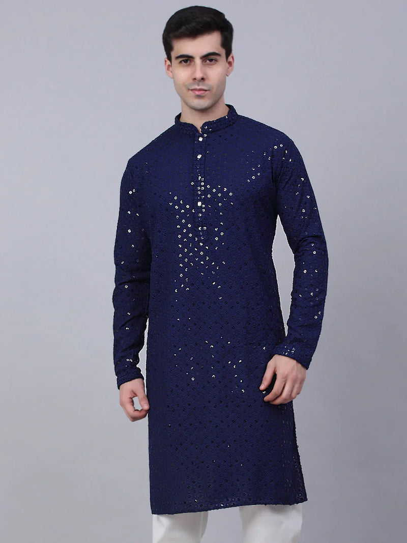 Men Navy Blue Chikankari Embroidered and Sequence Kurta Only ( KO 678 Navy )