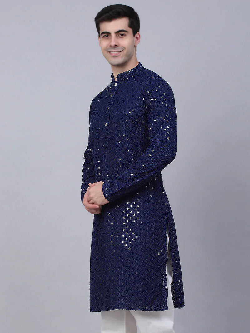 Men Navy Blue Chikankari Embroidered and Sequence Kurta Only ( KO 678 Navy )