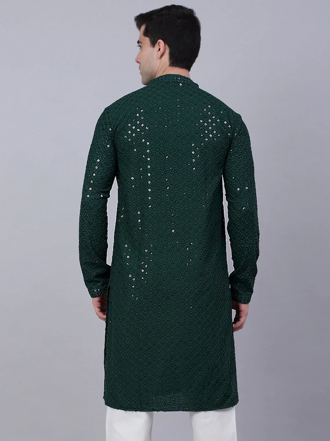 Men Olive Green Chikankari Embroidered and Sequence Kurta Only ( KO 678 Olive )