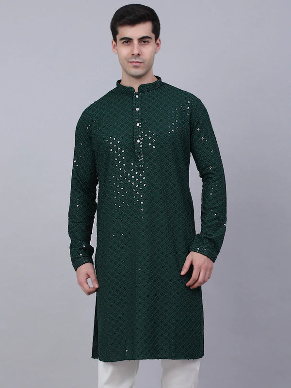 Men Olive Green Chikankari Embroidered and Sequence Kurta Only ( KO 678 Olive )