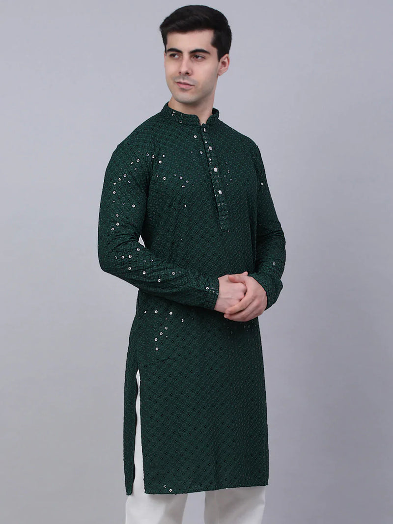 Men Olive Green Chikankari Embroidered and Sequence Kurta Only ( KO 678 Olive )