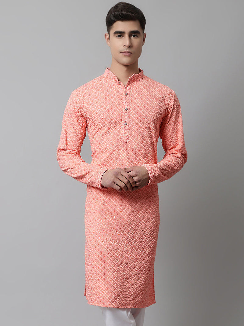 Men Peach Chikankari Embroidered and Sequence Kurtas ( KO 678Peach )