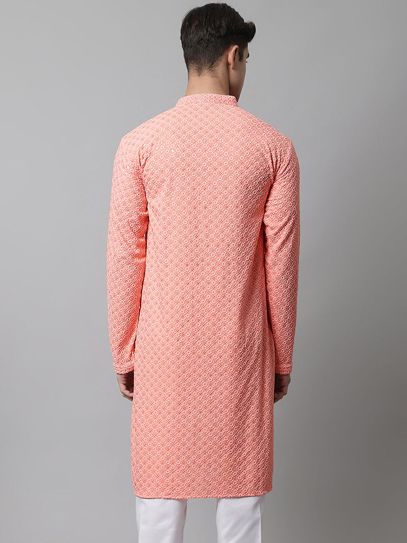 Men Peach Chikankari Embroidered and Sequence Kurtas ( KO 678Peach )