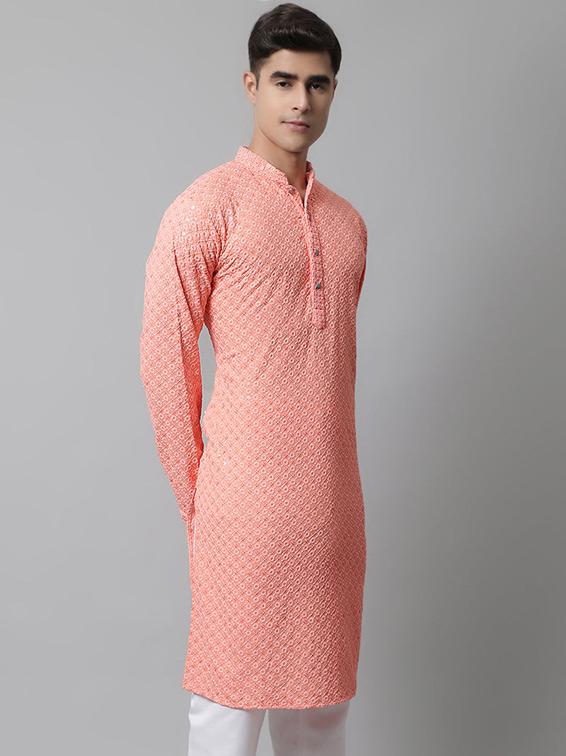 Men Peach Chikankari Embroidered and Sequence Kurtas ( KO 678Peach )