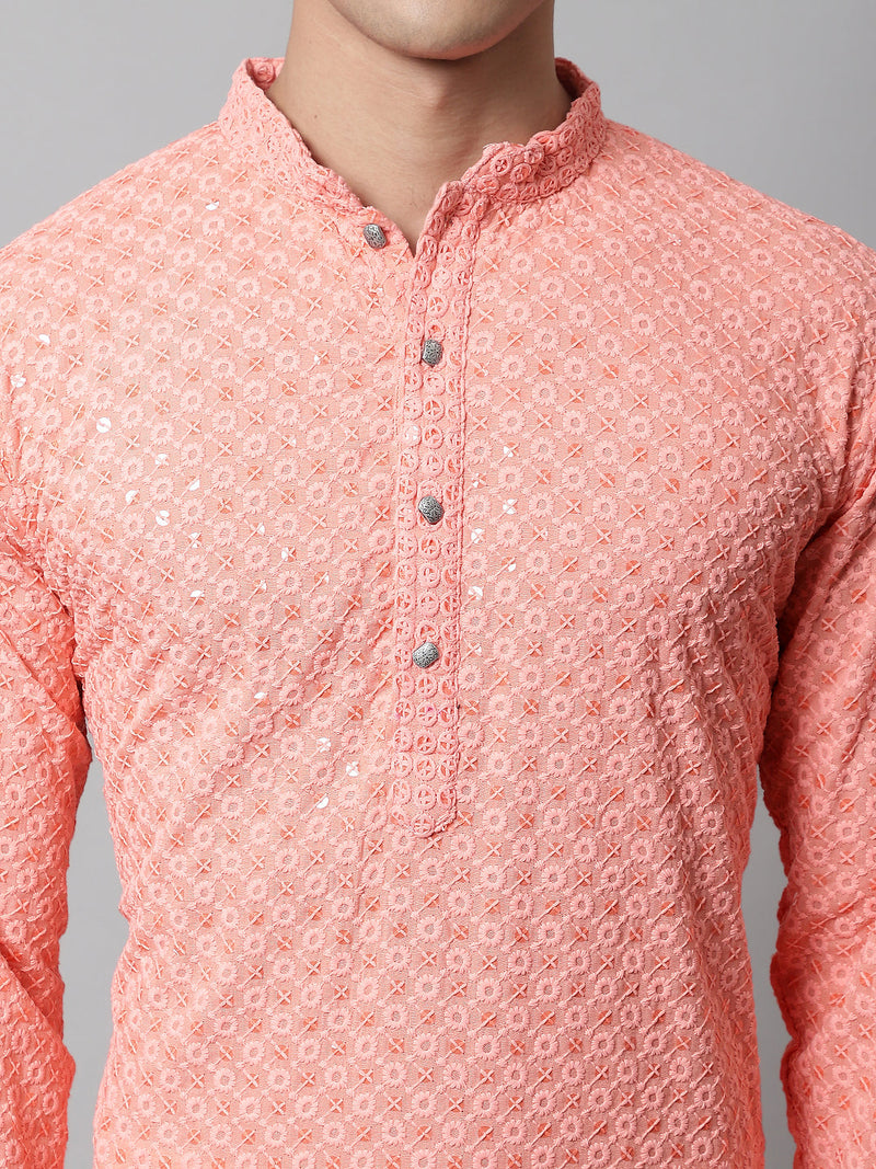 Men Peach Chikankari Embroidered and Sequence Kurtas ( KO 678Peach )